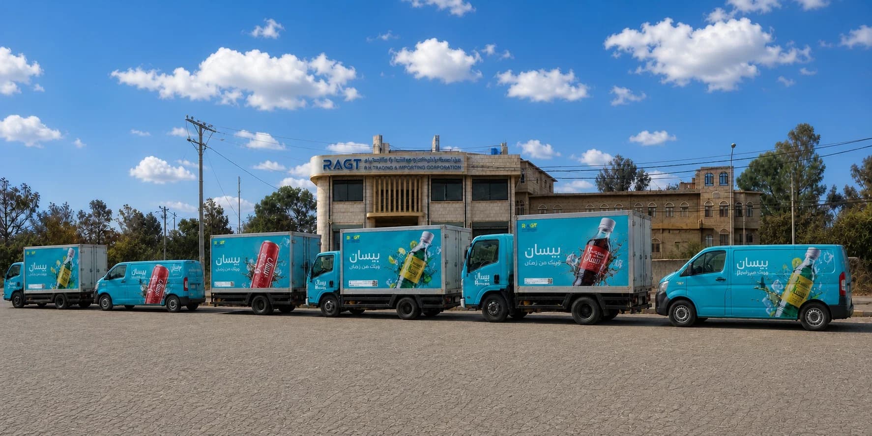 The Besan-liveried distribution fleet in front of RAGT headquarters in Sana’a
